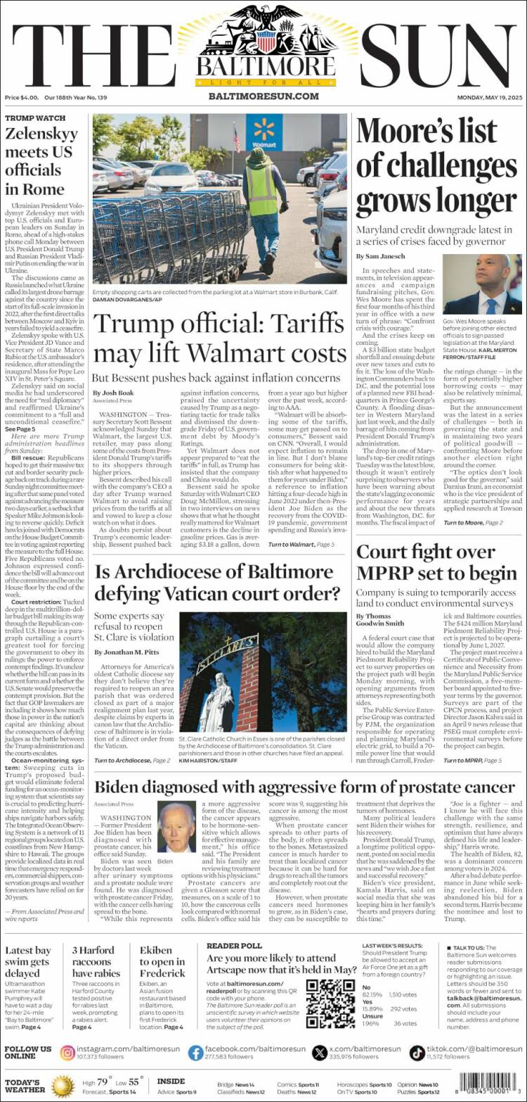 Portada de The Baltimore Sun (USA)