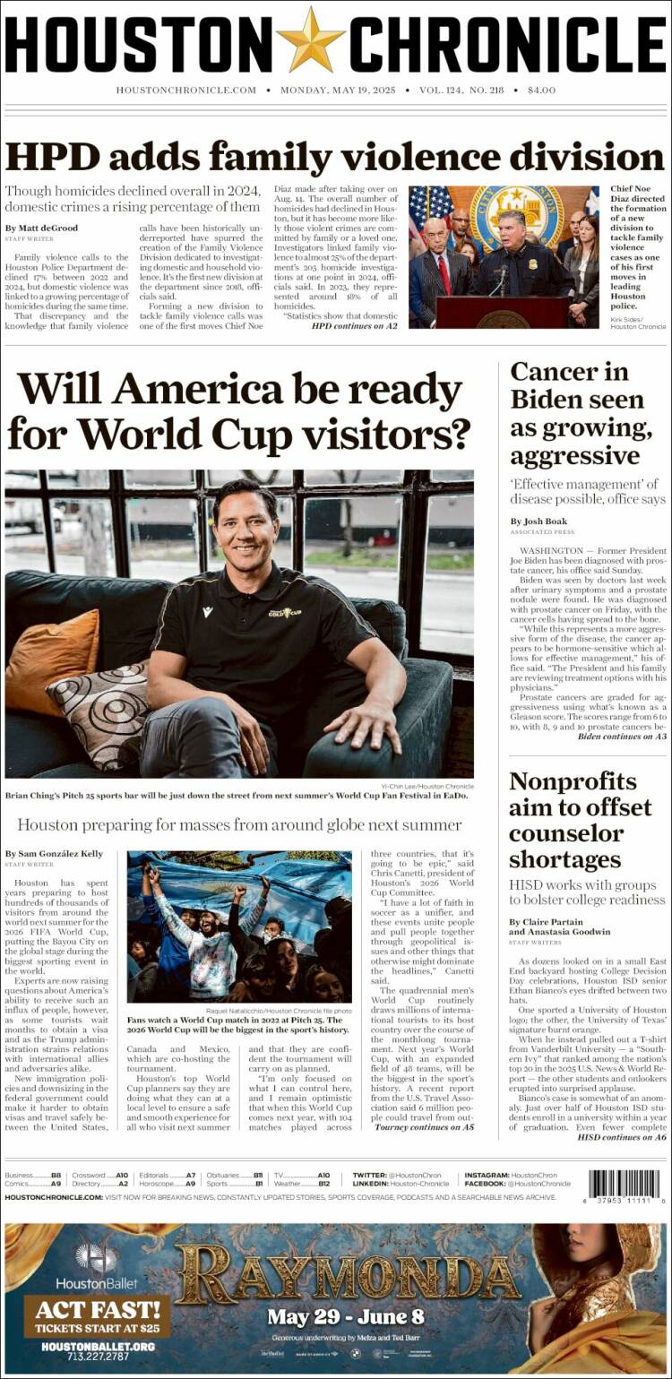 Portada de Houston Chronicle (USA)