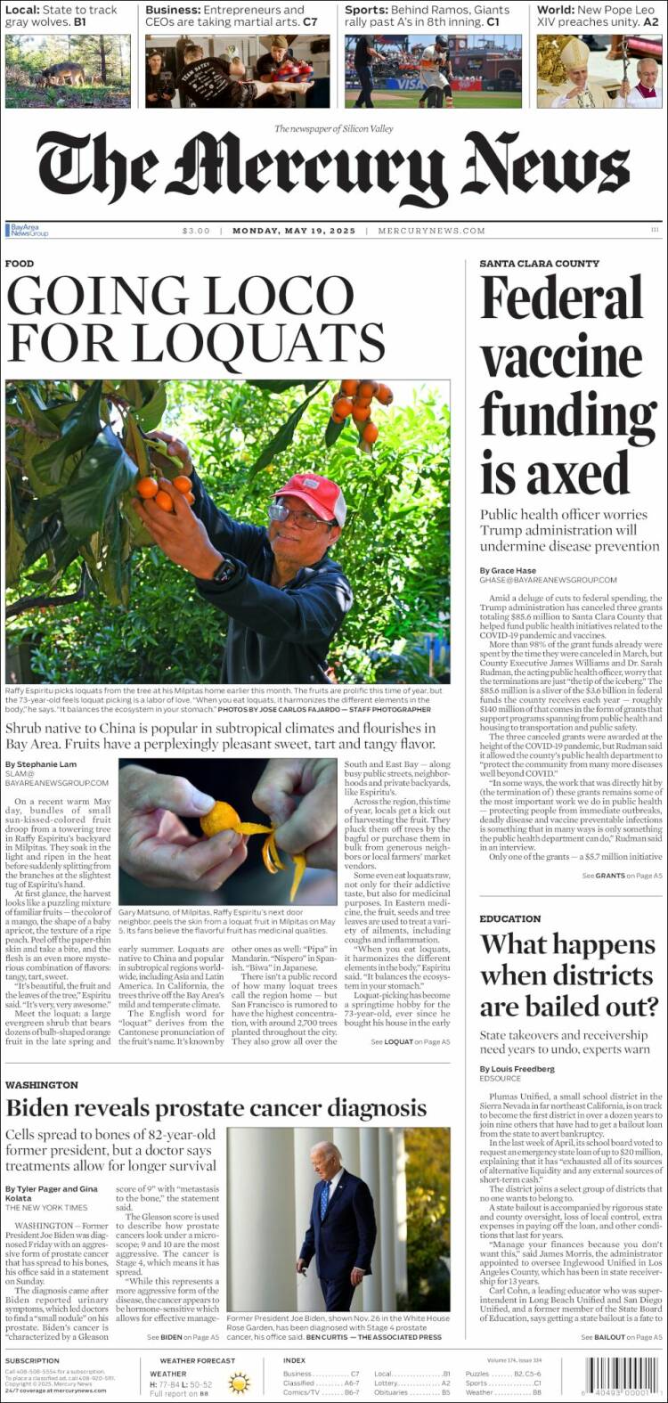 Portada de San Jose Mercury News (USA)