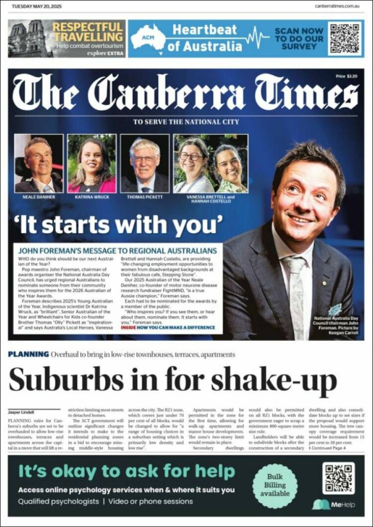 Portada de The Canberra Times (Australia)