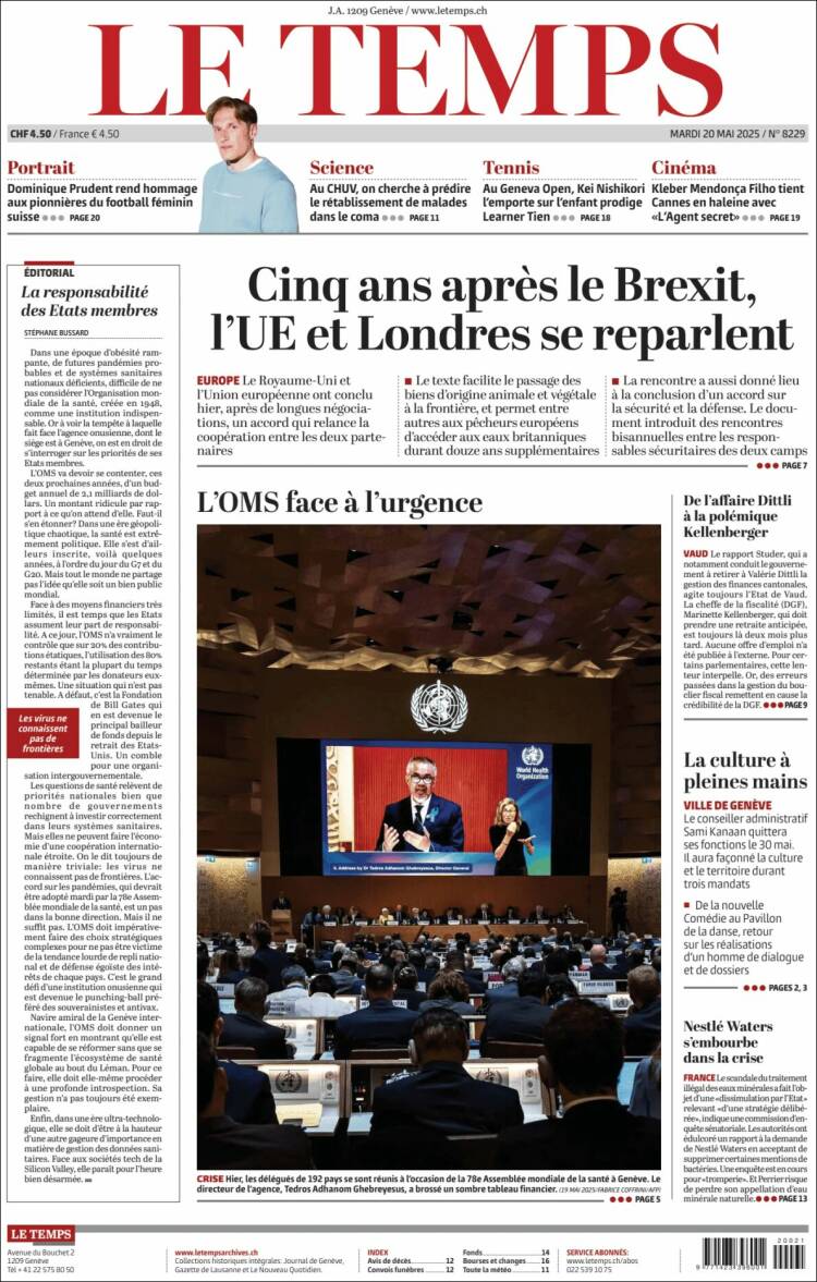 Portada de Le Matin (Suisse)