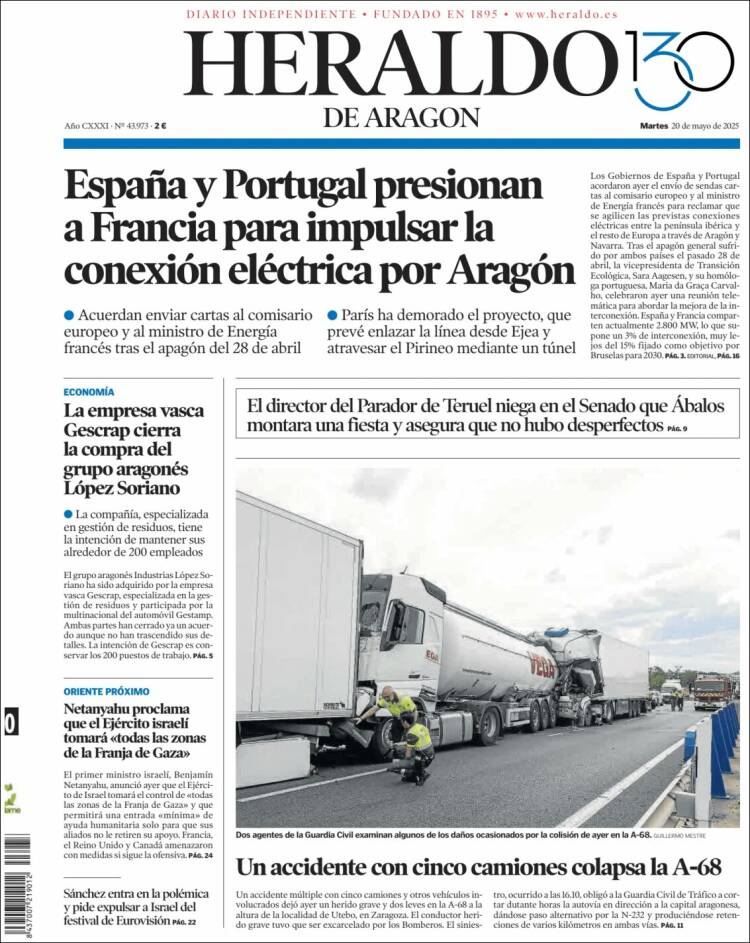 Portada de Heraldo de Aragón (España)