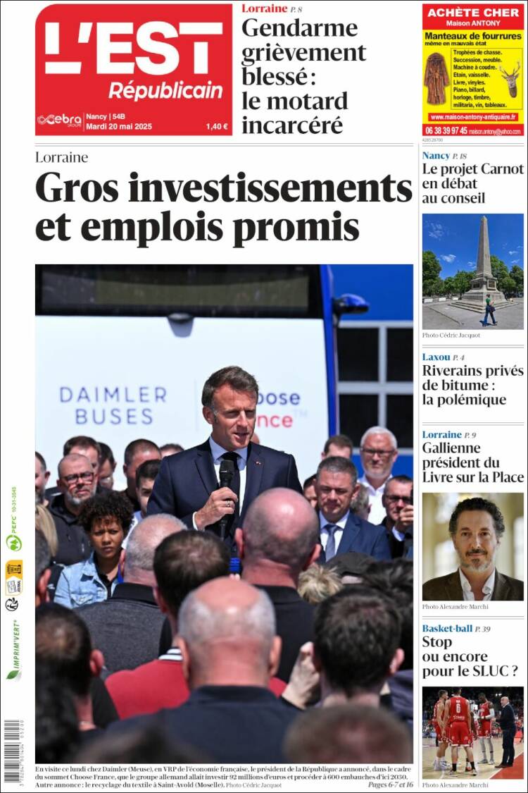 Portada de L'Est Republicain (Francia)