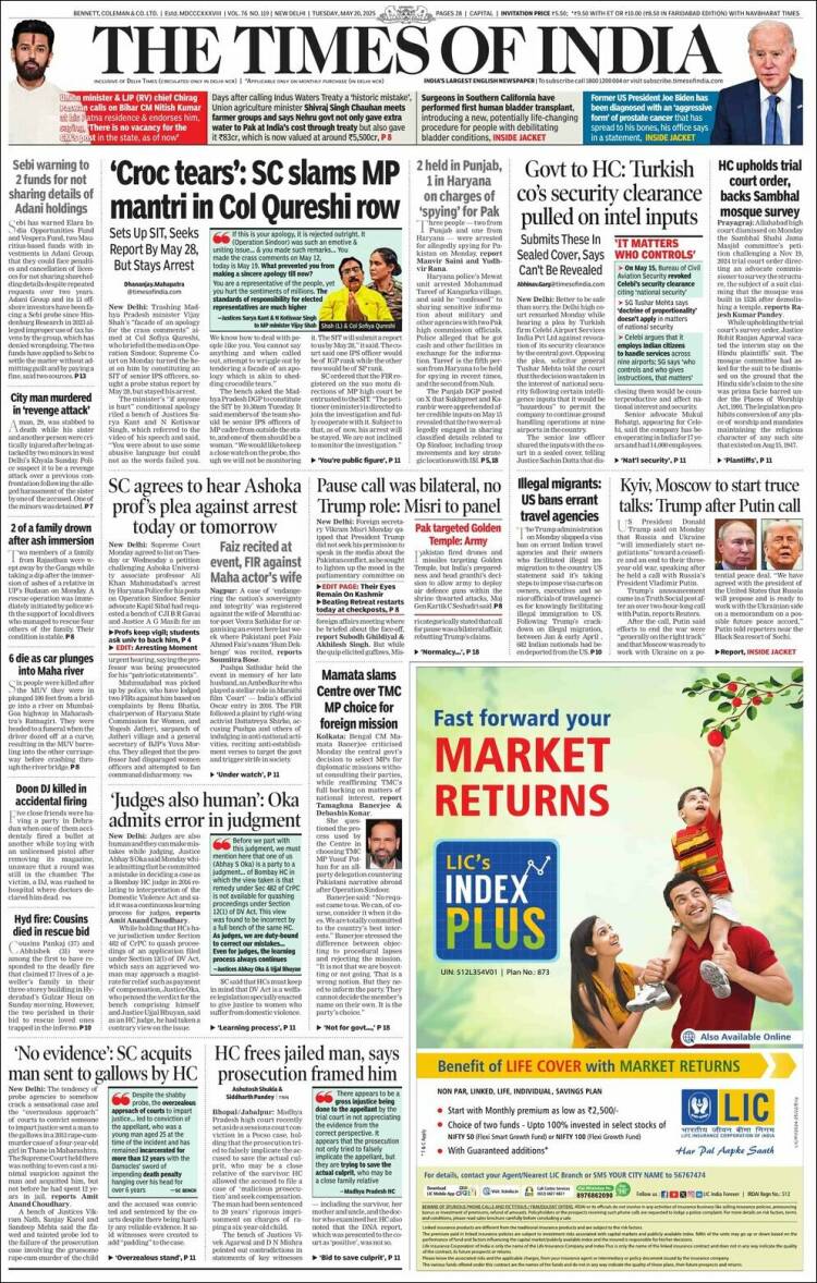 Portada de The Times of India (Inde)