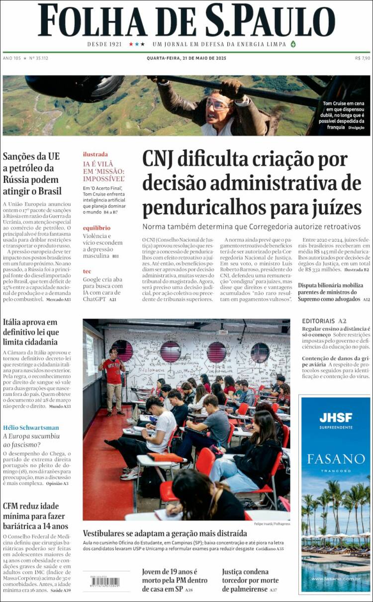 Portada de Folha de São Paulo (Brésil)