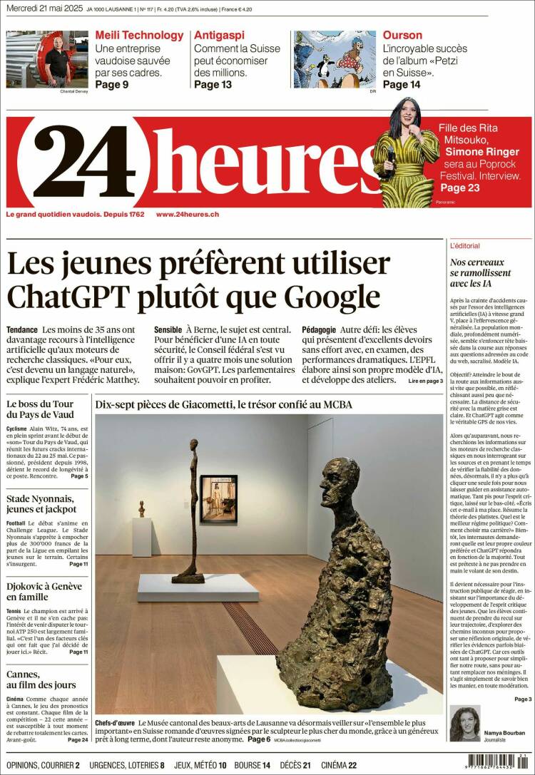Portada de 24 Heures (Suisse)