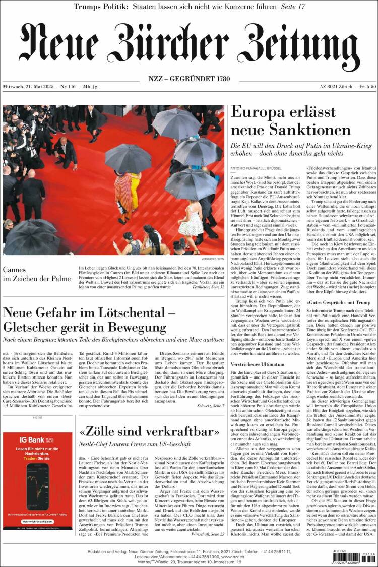 Portada de Neue Zürcher Zeitung (Suisse)