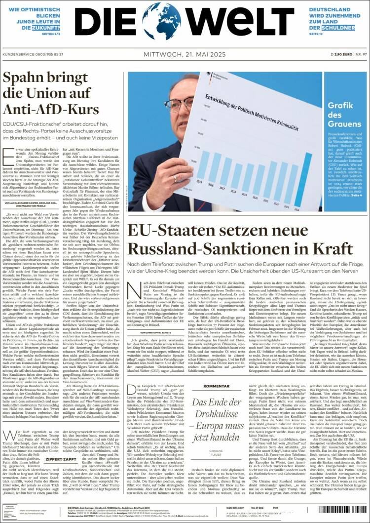 Portada de Die Welt (Alemania)