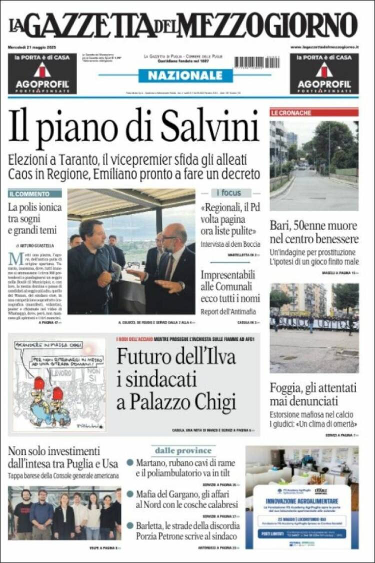 Portada de La Gazzetta del Mezzogiorno (Italie)