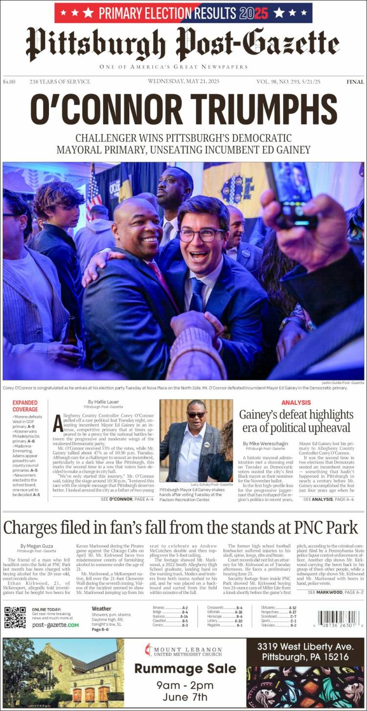 Portada de Pittsburgh Post-Gazette (États-Unis)