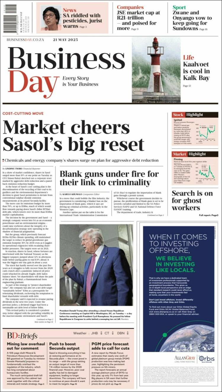 Portada de Business Day (Afrique du Sud)