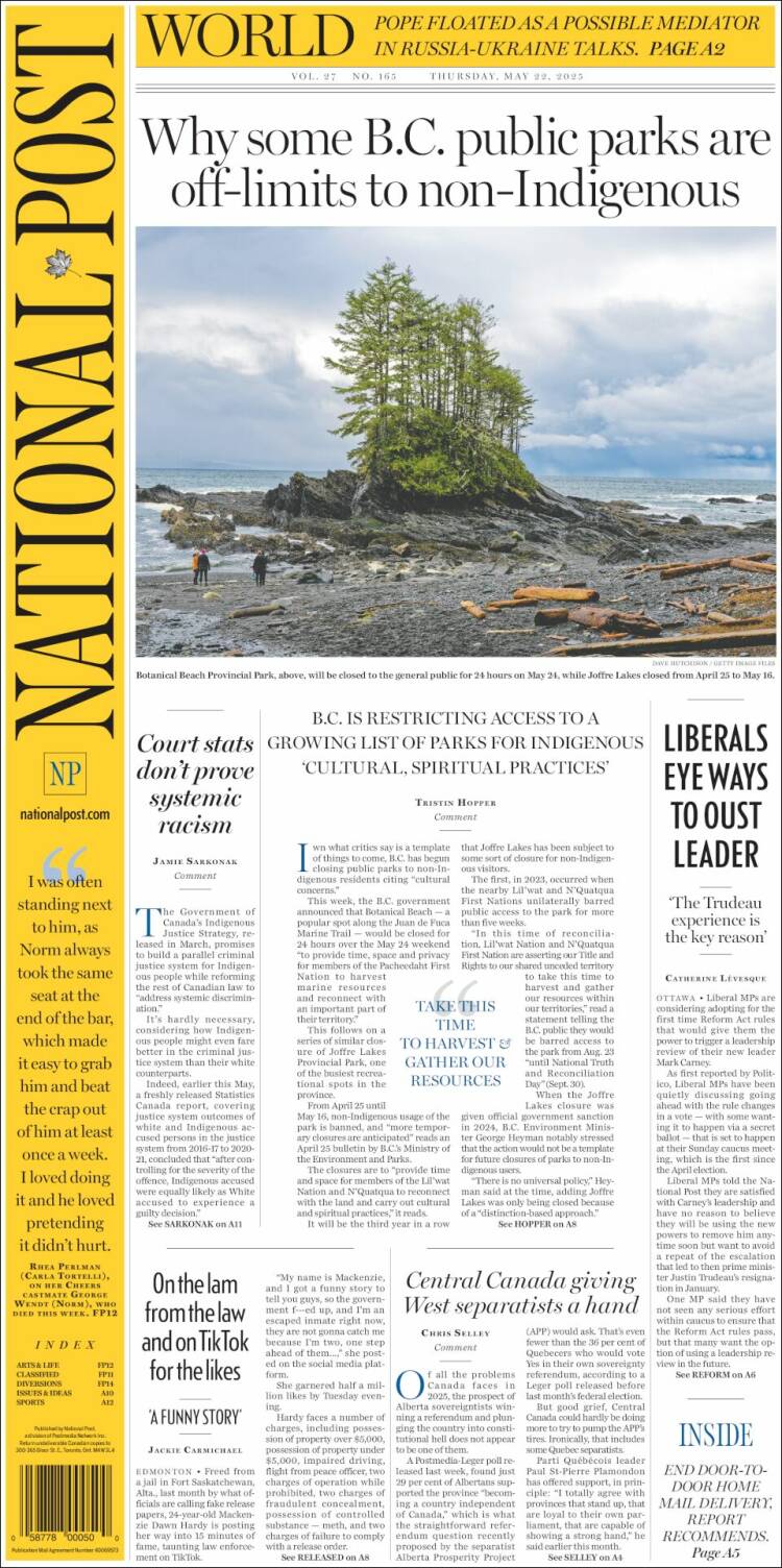 Portada de The National Post (Canadá)