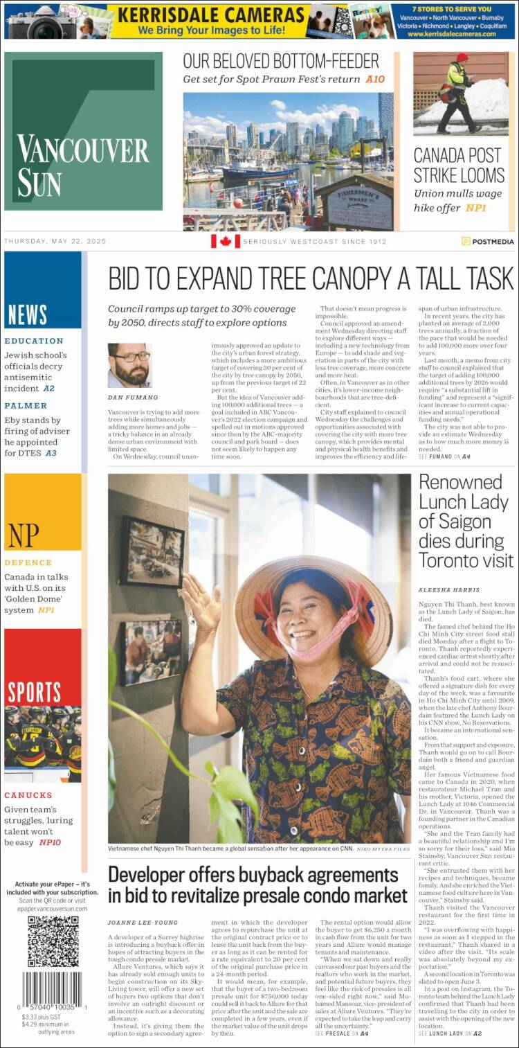 Portada de The Vancouver Sun (Canada)