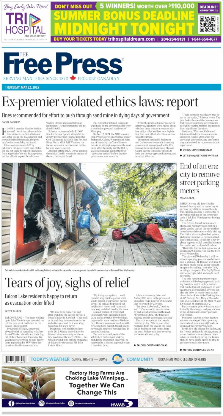 Portada de Winnipeg Free Press (Canadá)