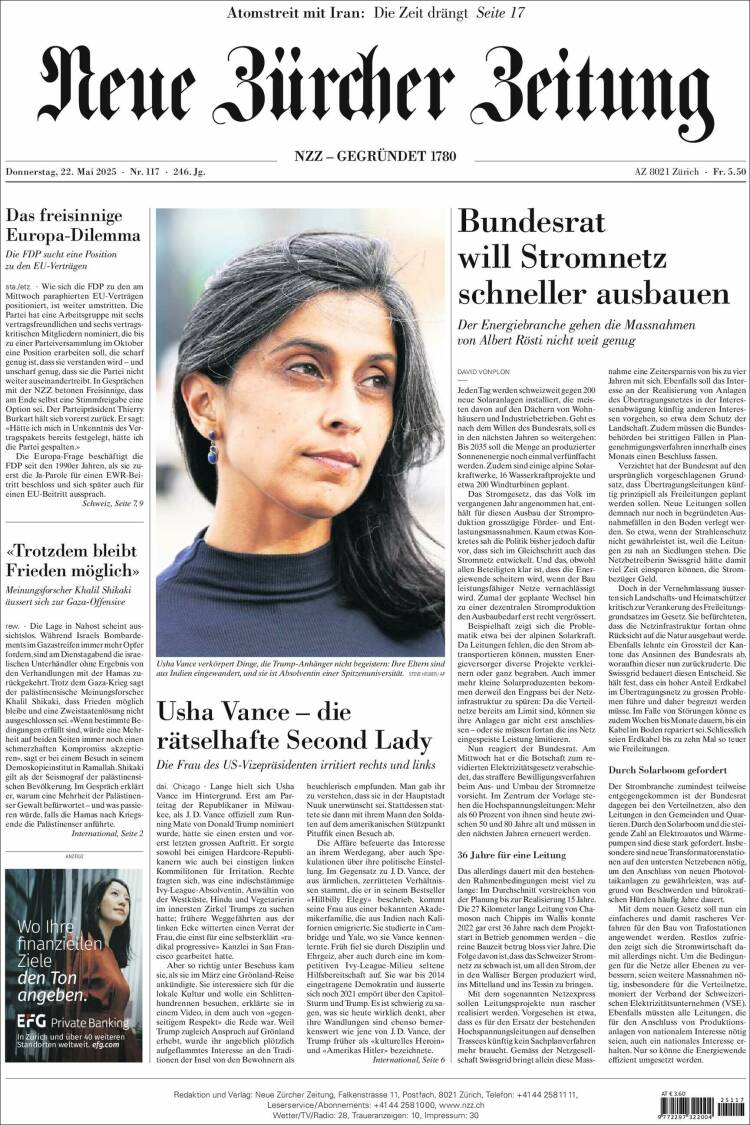 Portada de Neue Zürcher Zeitung (Suisse)