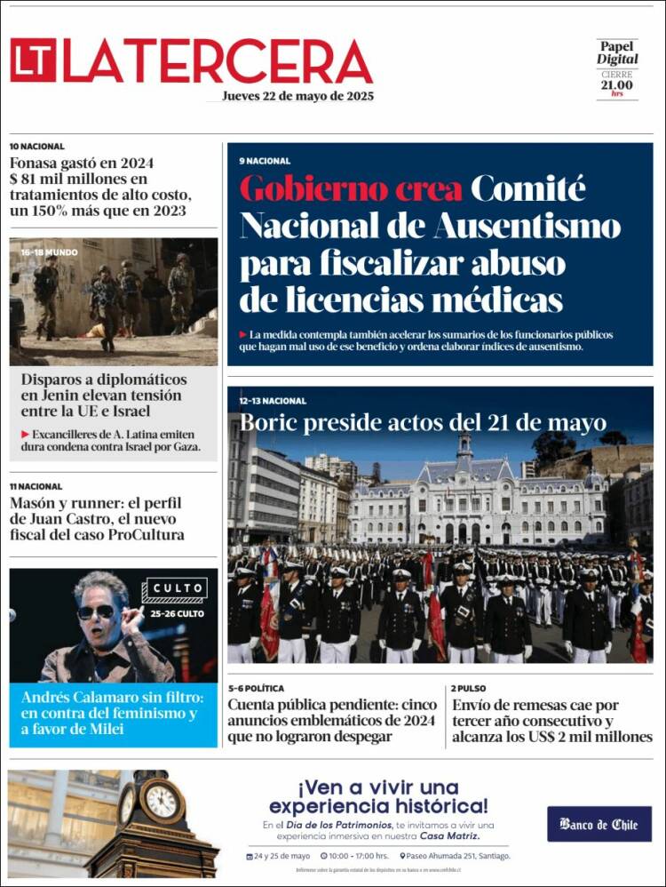 Portada de La Tercera (Chili)