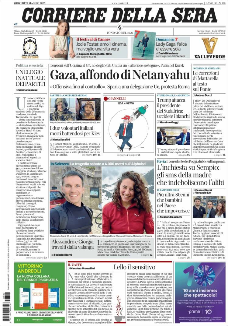 Portada de Corriere della Sera (Italie)