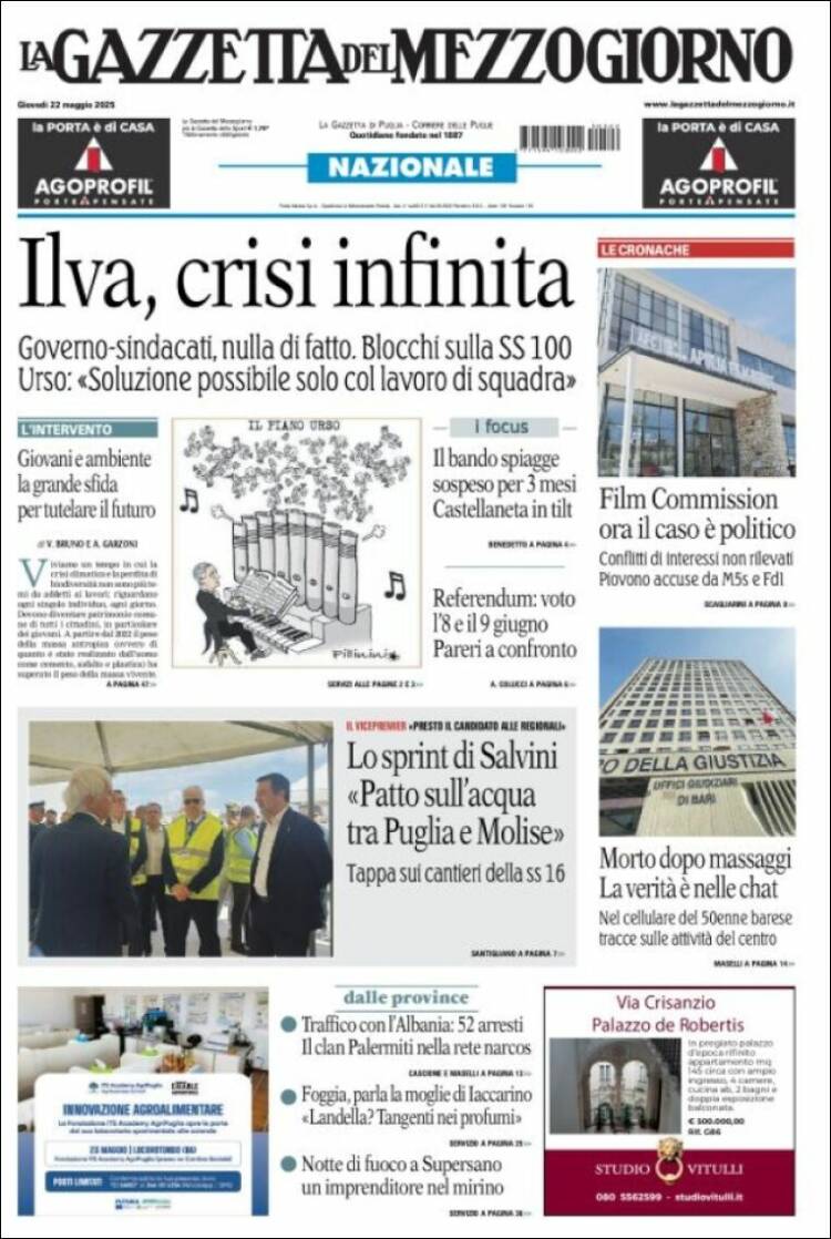 Portada de La Gazzetta del Mezzogiorno (Italie)