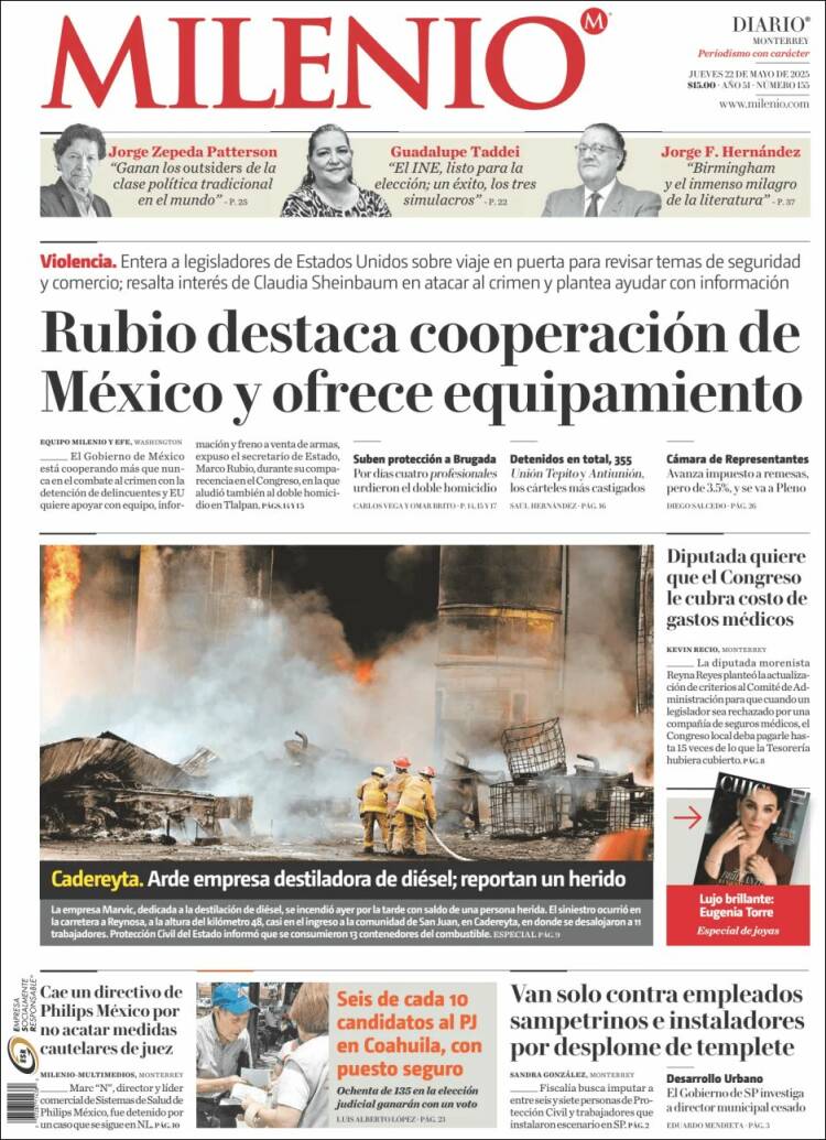 Portada de Milenio de Monterrey (México)