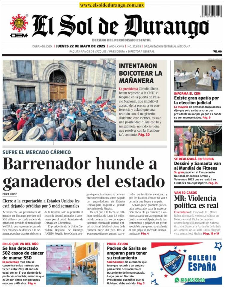 Portada de El Sol de Durango (México)