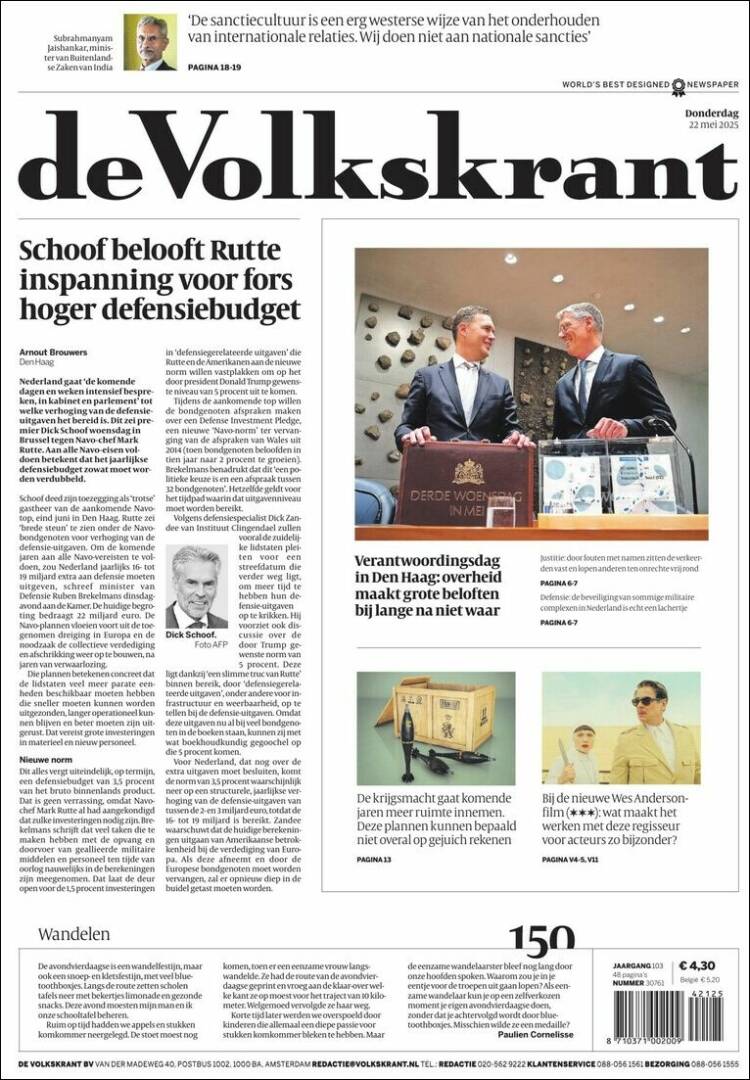 Portada de De Volkskrant (Países Bajos)