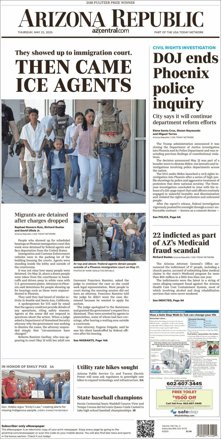 Portada de Arizona Republic News (USA)
