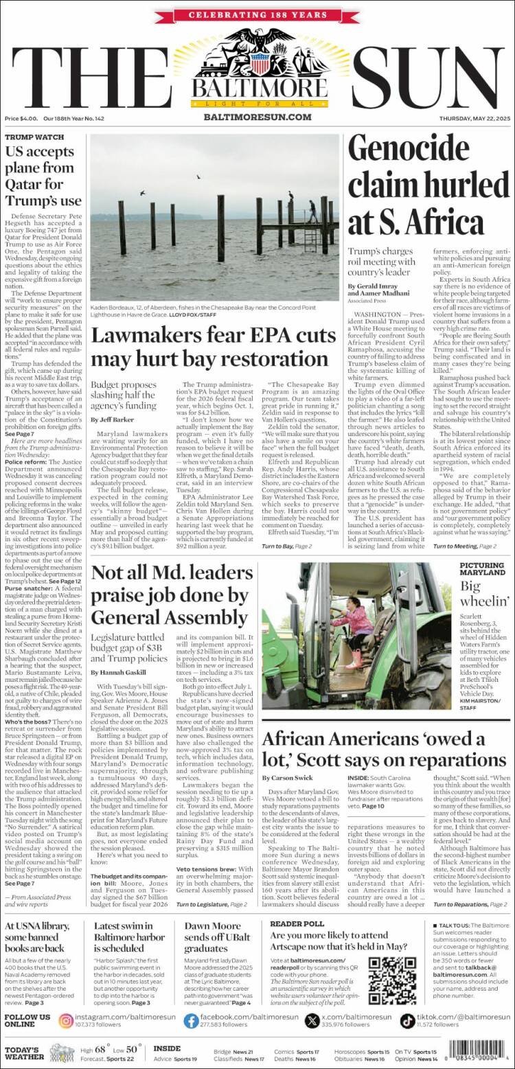 Portada de The Baltimore Sun (USA)