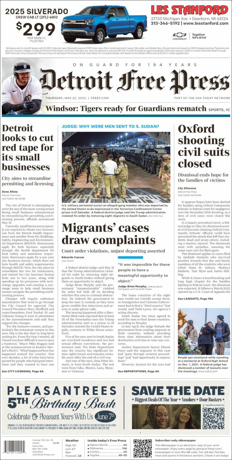 Portada de Detroit Free Press (USA)