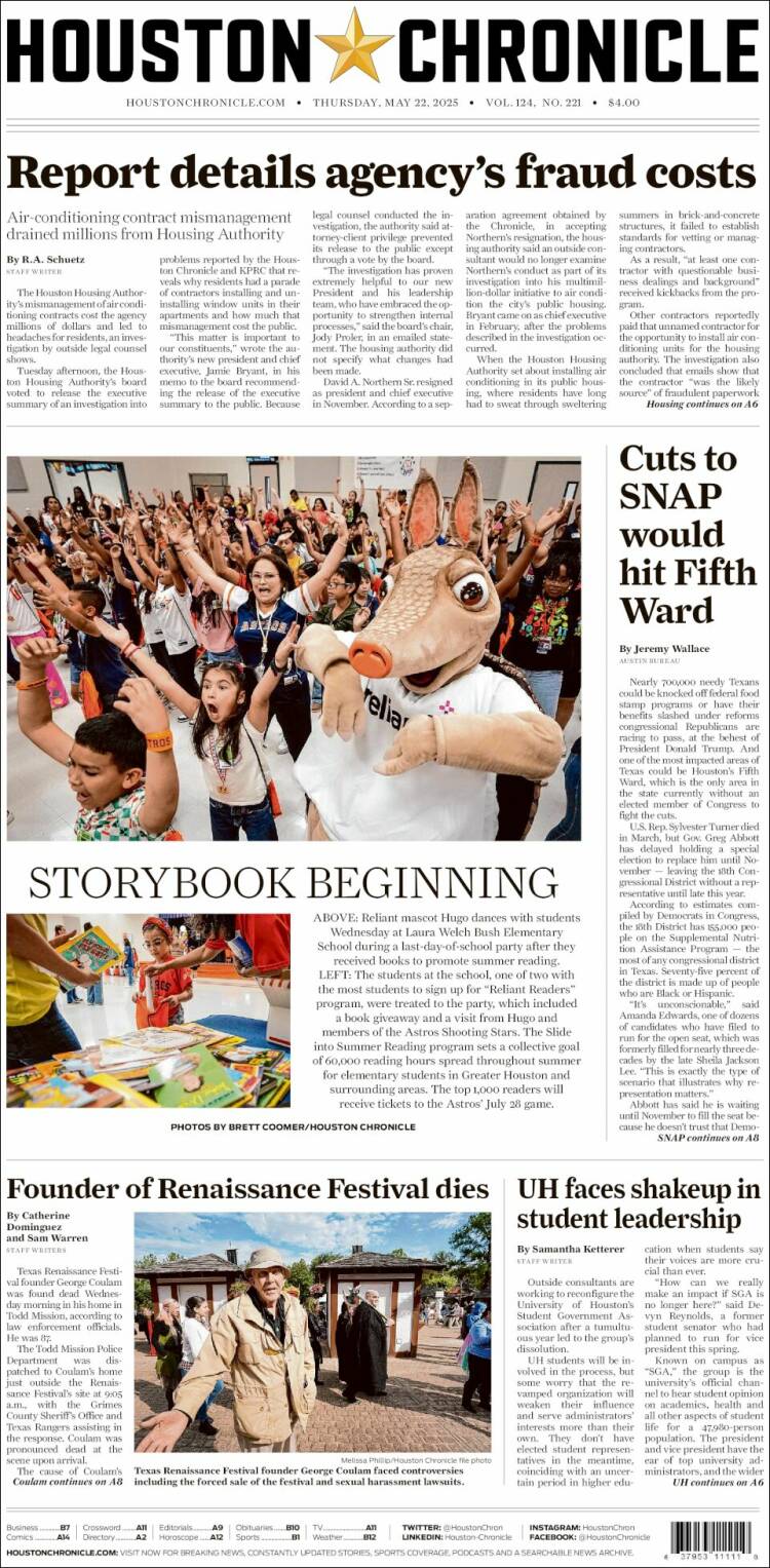 Portada de Houston Chronicle (USA)