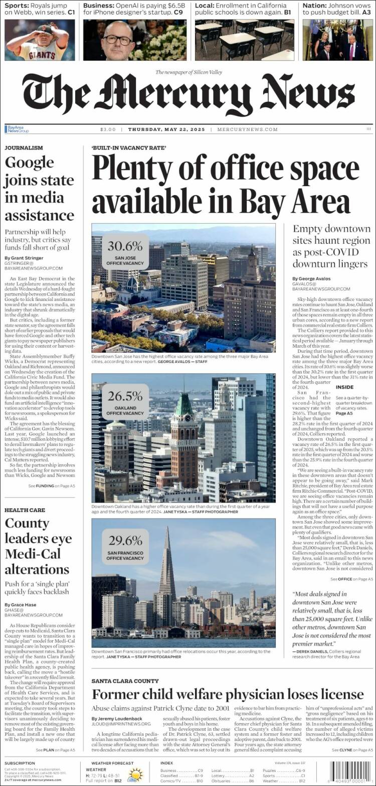 Portada de San Jose Mercury News (USA)