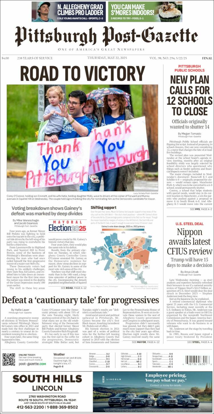 Portada de Pittsburgh Post-Gazette (USA)