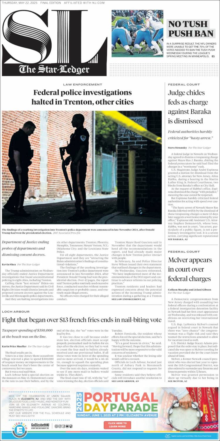 Portada de Star-Ledger (USA)