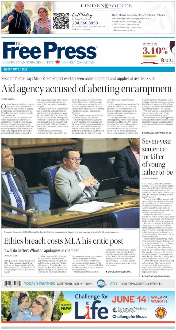 Portada de Winnipeg Free Press (Canadá)