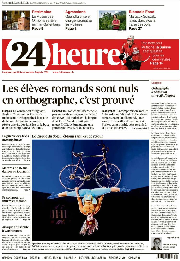 Portada de 24 Heures (Suisse)