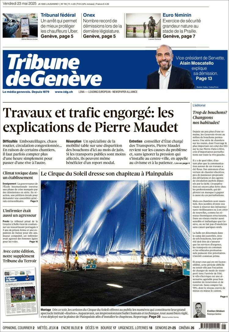 Portada de La Tribune de Genève (Suisse)
