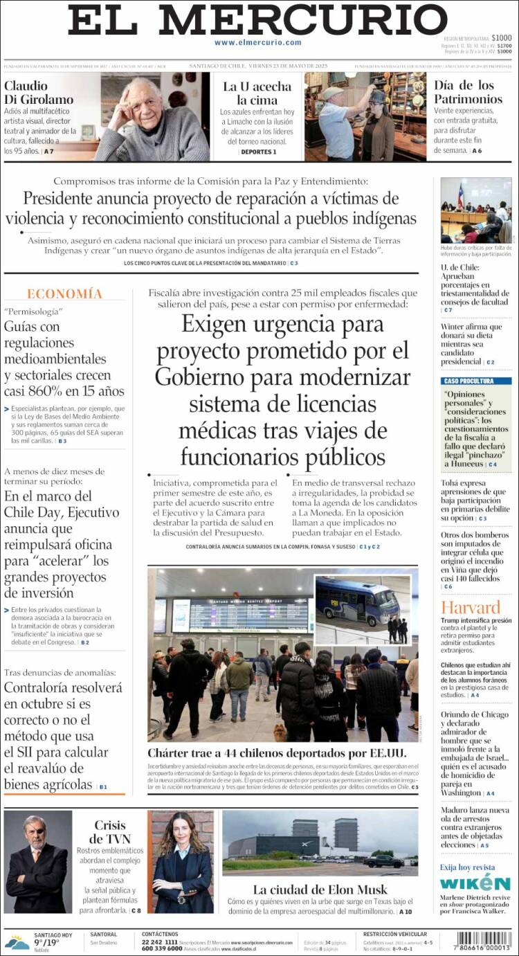 Portada de El Mercurio (Chile)