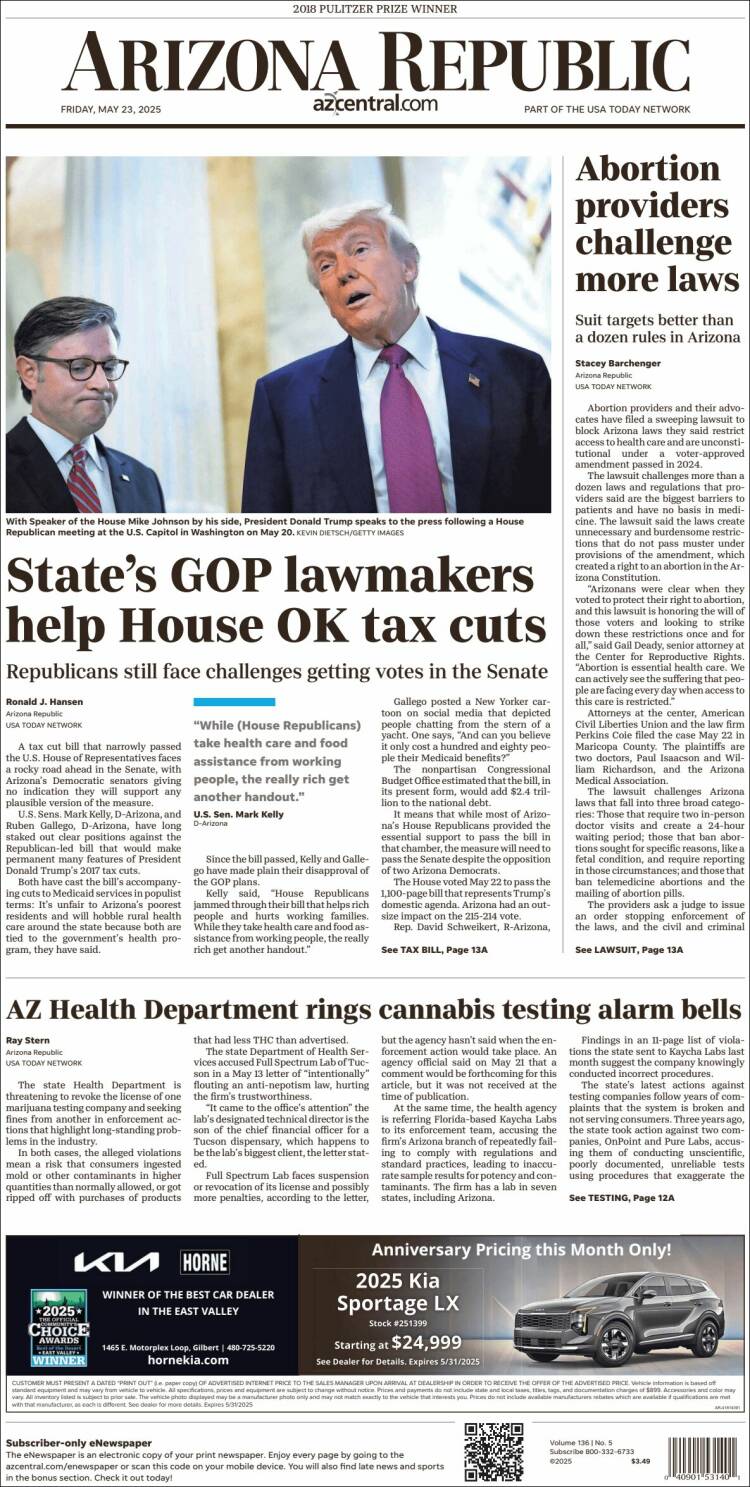 Portada de Arizona Republic News (USA)