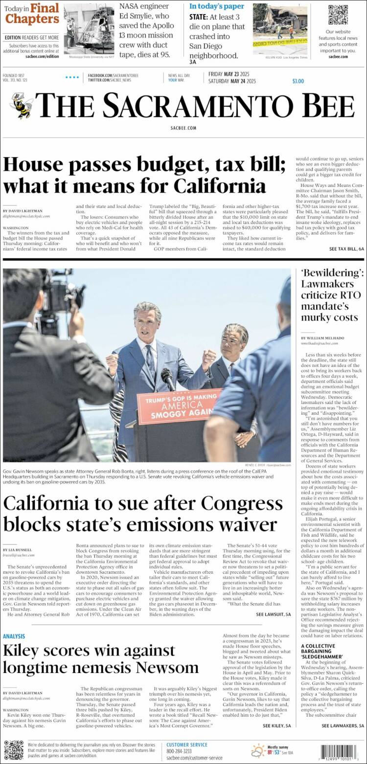 Portada de The Sacramento Bee (USA)
