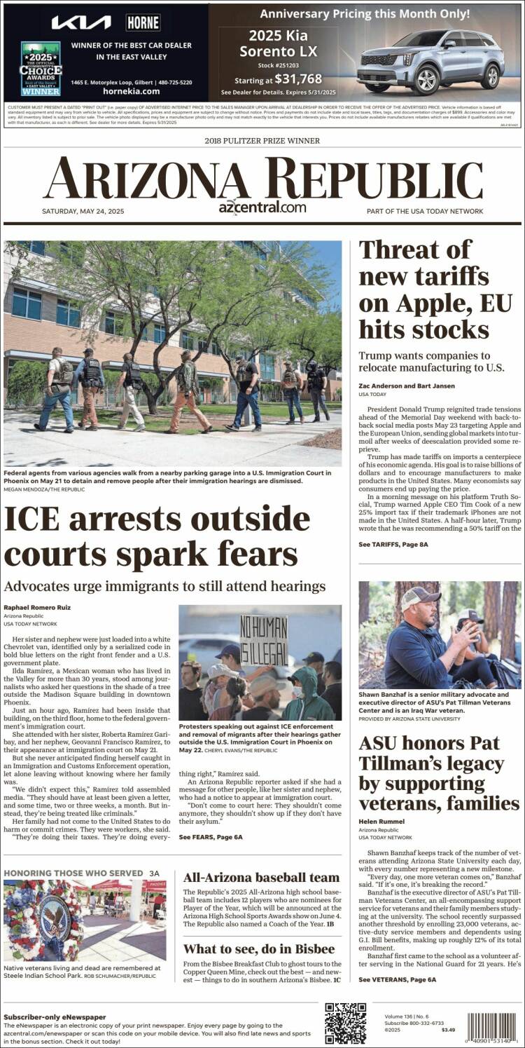 Portada de Arizona Republic News (USA)