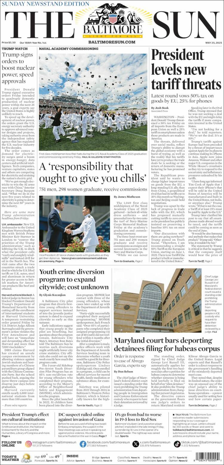 Portada de The Baltimore Sun (USA)