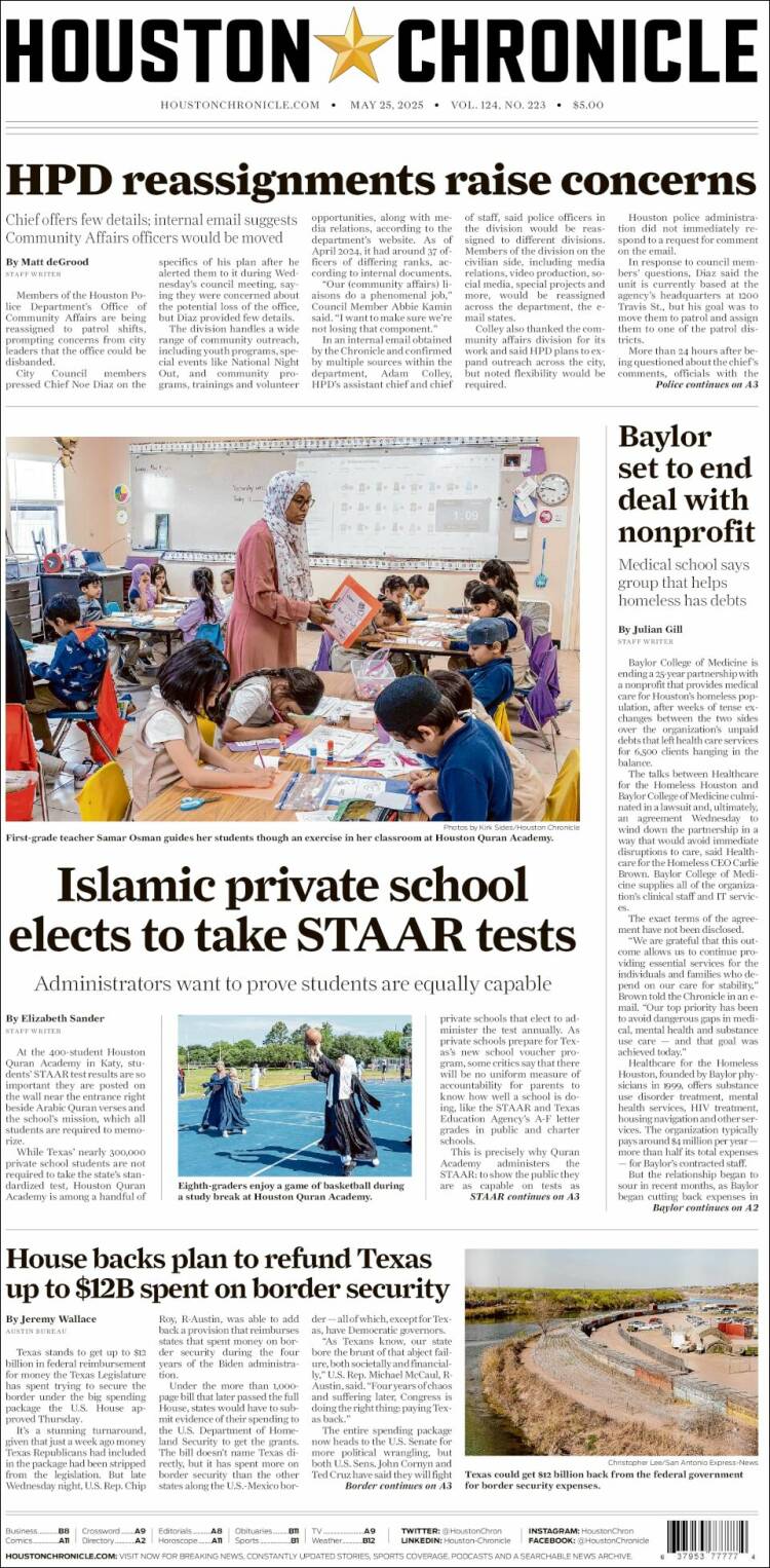 Portada de Houston Chronicle (USA)
