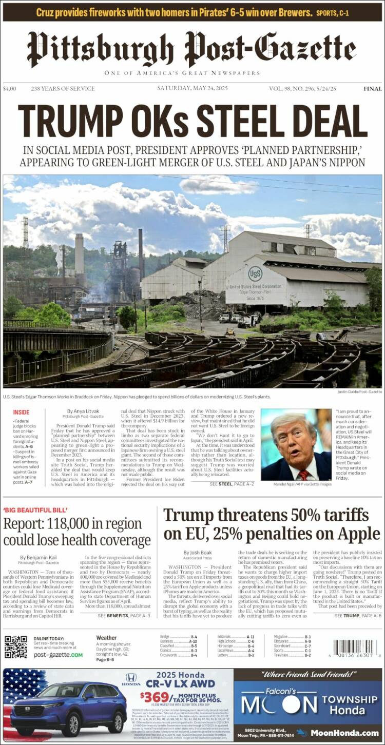 Portada de Pittsburgh Post-Gazette (USA)