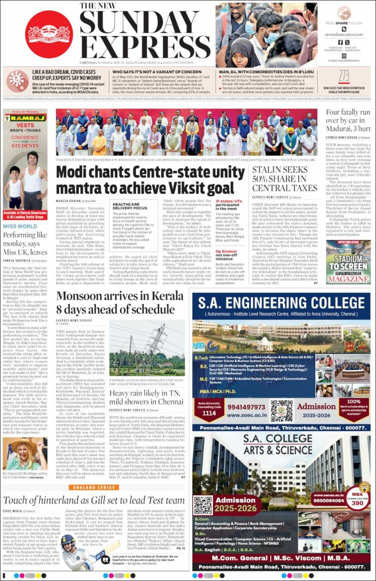 Portada de New Indian Express (India)