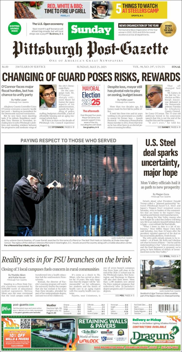 Portada de Pittsburgh Post-Gazette (USA)