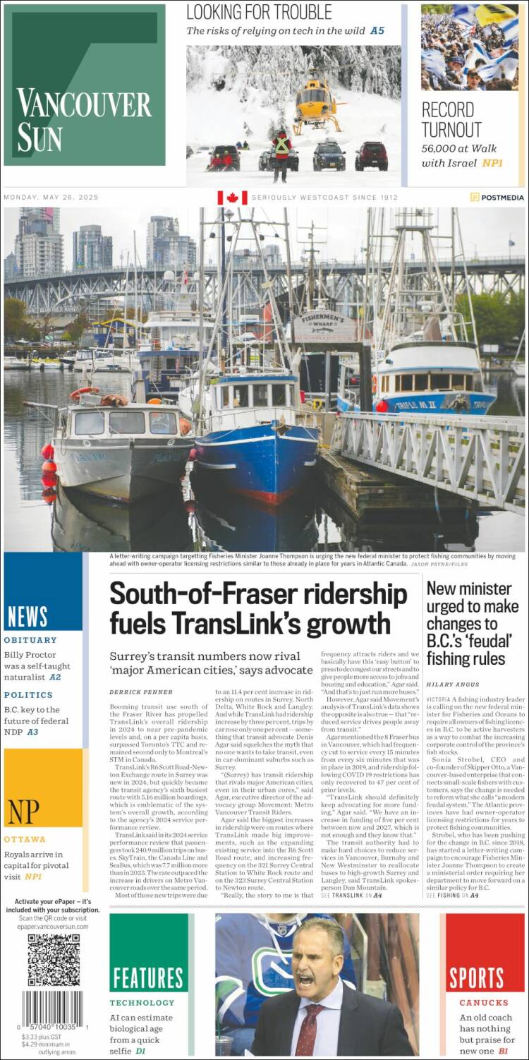 Portada de The Vancouver Sun (Canadá)