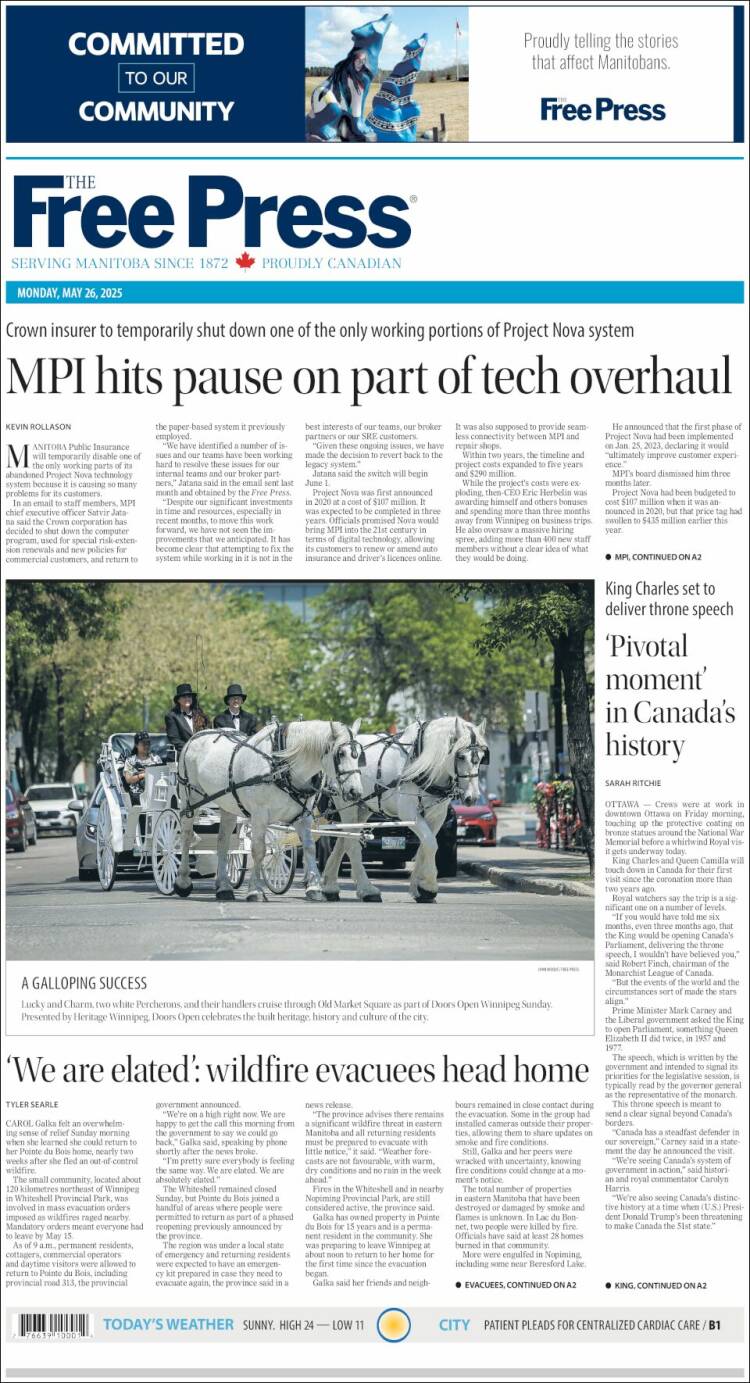 Portada de Winnipeg Free Press (Canadá)