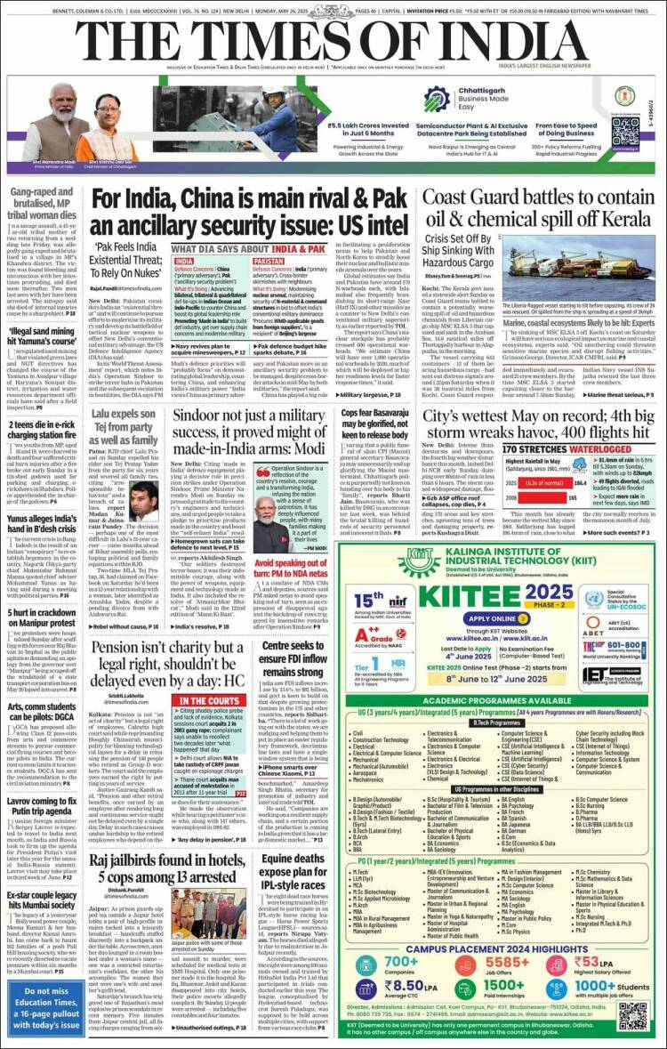 Portada de The Times of India (India)