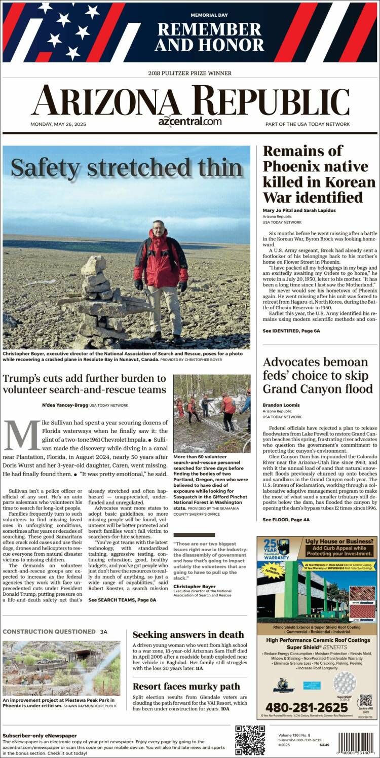 Portada de Arizona Republic News (USA)