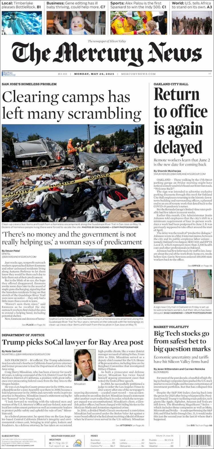 Portada de San Jose Mercury News (USA)