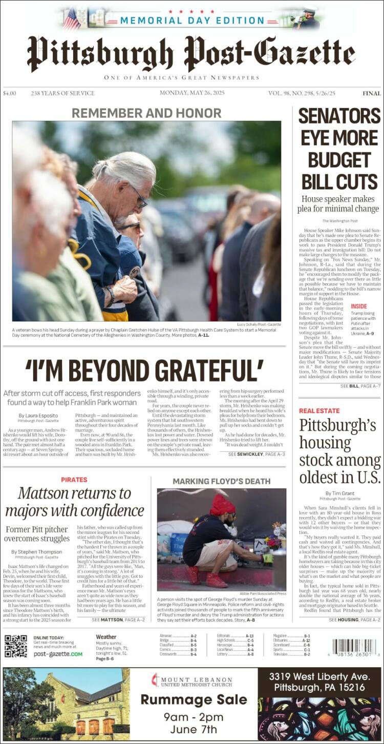 Portada de Pittsburgh Post-Gazette (USA)